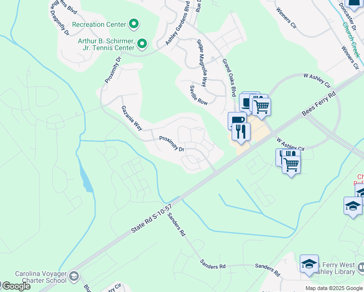 map of restaurants, bars, coffee shops, grocery stores, and more near 2020 Proximity Drive in Charleston