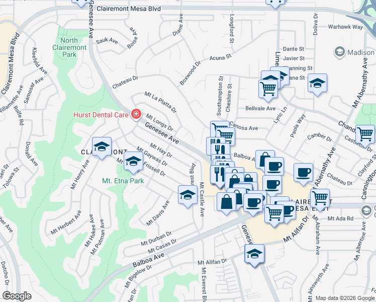 map of restaurants, bars, coffee shops, grocery stores, and more near 5095 Mount La Platta Drive in San Diego