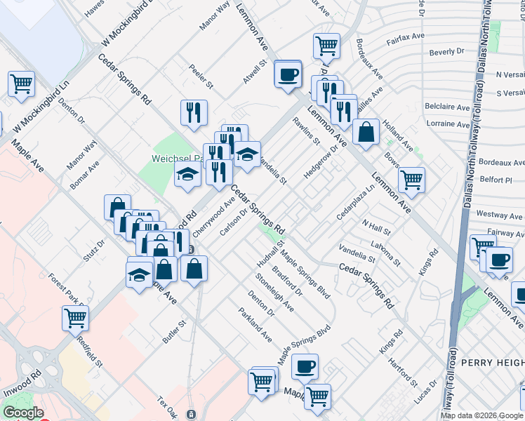 map of restaurants, bars, coffee shops, grocery stores, and more near 3102 Carlson Drive in Dallas