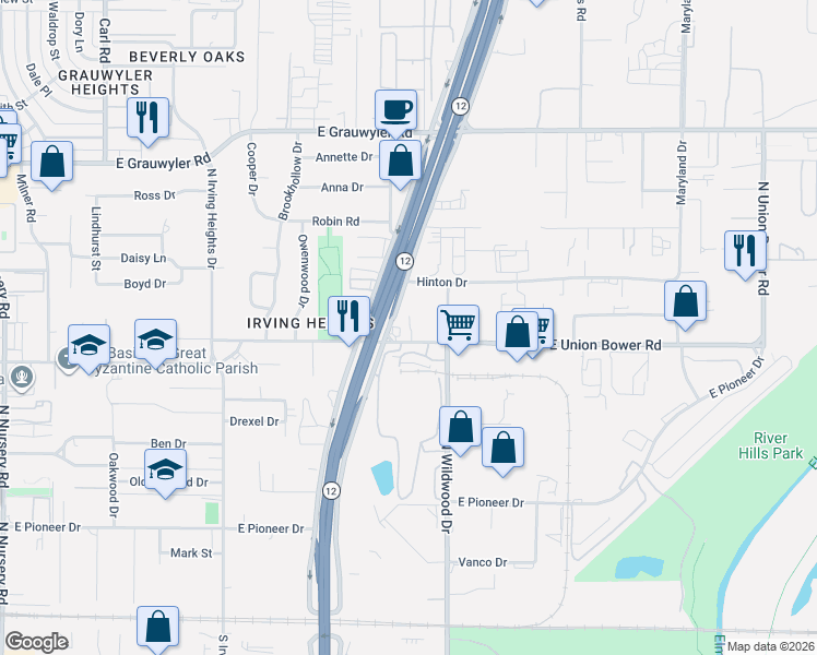 map of restaurants, bars, coffee shops, grocery stores, and more near 2033 East Union Bower Road in Irving