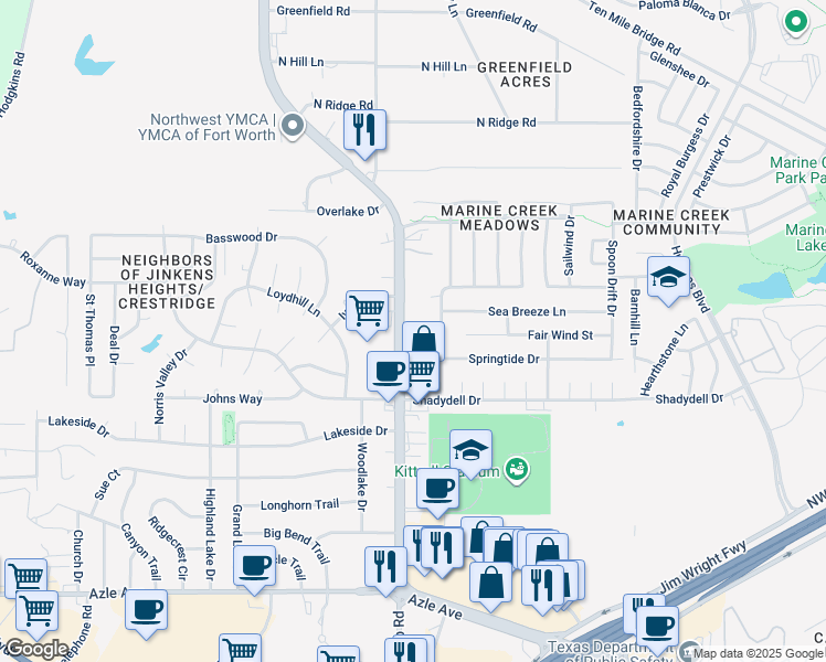 map of restaurants, bars, coffee shops, grocery stores, and more near 6012 Reef Point Lane in Fort Worth