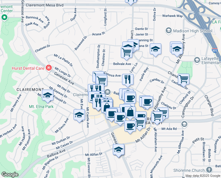 map of restaurants, bars, coffee shops, grocery stores, and more near 5188 Balboa Arms Drive in San Diego