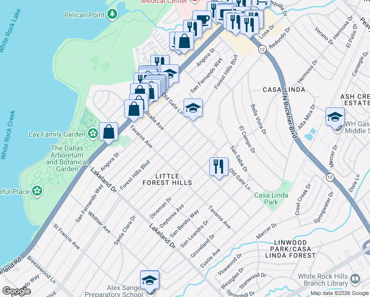 map of restaurants, bars, coffee shops, grocery stores, and more near 9002 Redondo Drive in Dallas