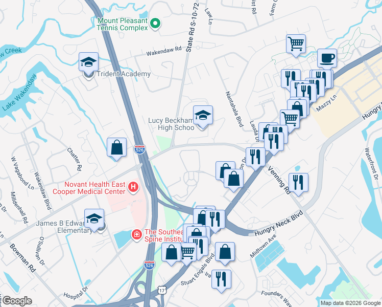 map of restaurants, bars, coffee shops, grocery stores, and more near 2233 Chatelain Way in Mount Pleasant