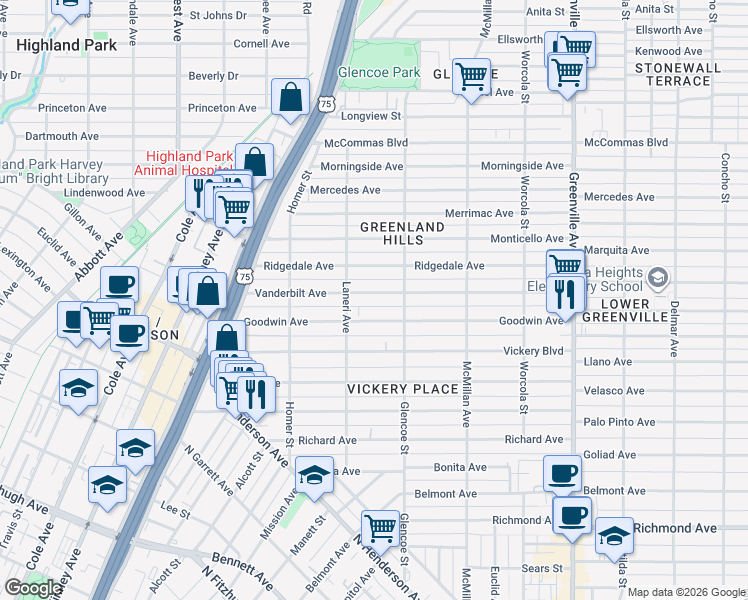 map of restaurants, bars, coffee shops, grocery stores, and more near 5328 Vanderbilt Avenue in Dallas