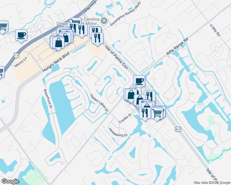 map of restaurants, bars, coffee shops, grocery stores, and more near 1965 Oak Tree Lane in Mount Pleasant