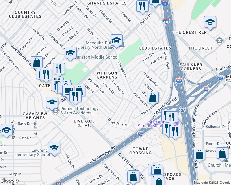 map of restaurants, bars, coffee shops, grocery stores, and more near 4327 Live Oak Drive in Mesquite