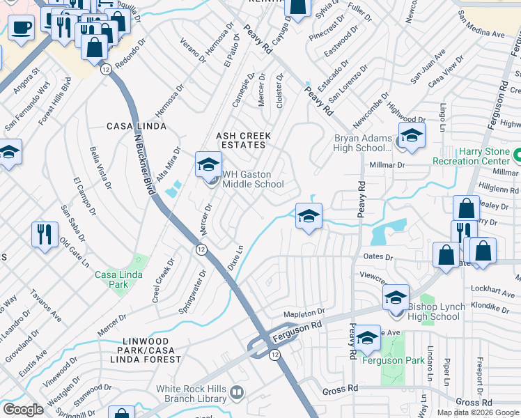 map of restaurants, bars, coffee shops, grocery stores, and more near 9710 Twin Creek Drive in Dallas
