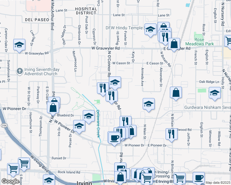map of restaurants, bars, coffee shops, grocery stores, and more near 900 North O'Connor Road in Irving