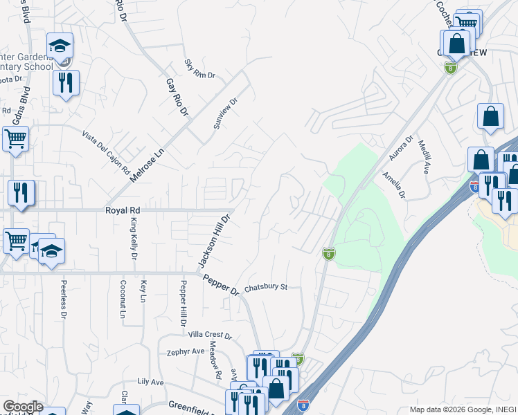 map of restaurants, bars, coffee shops, grocery stores, and more near 12673 Jackson Hill Drive in El Cajon