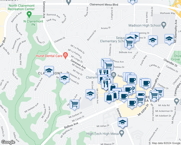 map of restaurants, bars, coffee shops, grocery stores, and more near 5002 Mount Harris Drive in San Diego