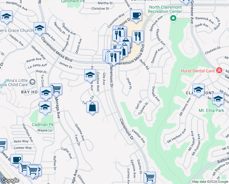 map of restaurants, bars, coffee shops, grocery stores, and more near 4487 Clairemont Drive in San Diego