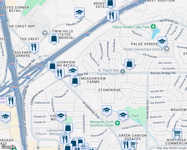 map of restaurants, bars, coffee shops, grocery stores, and more near 4323 Seedling Lane in Mesquite