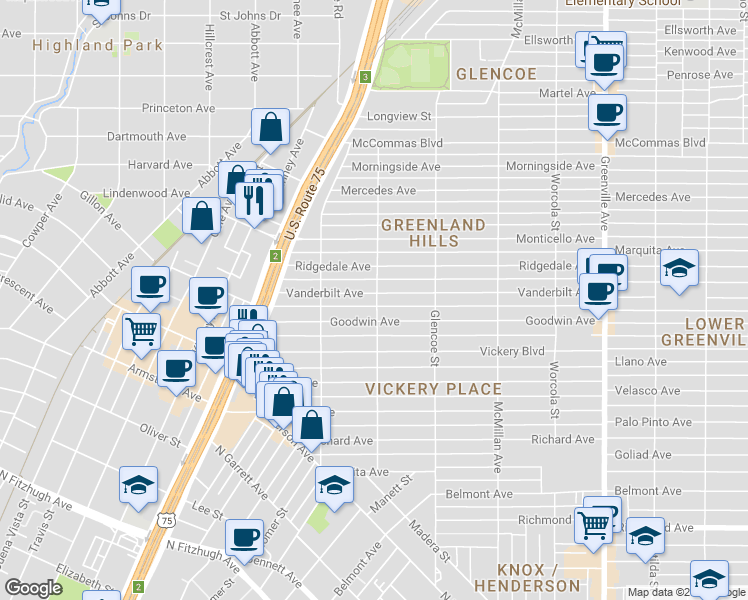 map of restaurants, bars, coffee shops, grocery stores, and more near 5254 Vanderbilt Avenue in Dallas