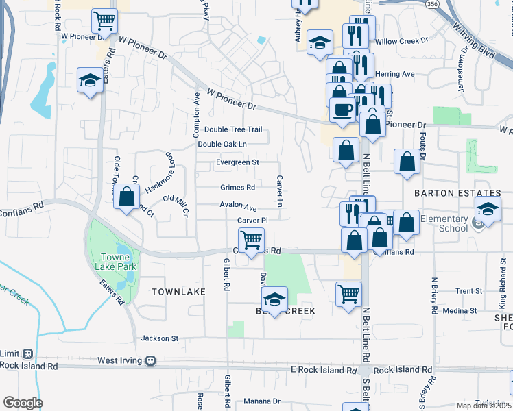 map of restaurants, bars, coffee shops, grocery stores, and more near 3903 Avalon Avenue in Irving