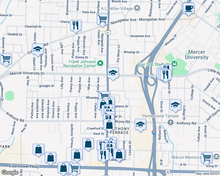 map of restaurants, bars, coffee shops, grocery stores, and more near 1862 Pio Nono Avenue in Macon