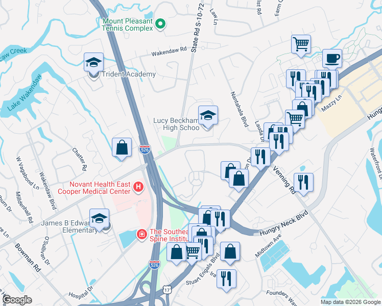 map of restaurants, bars, coffee shops, grocery stores, and more near 2233 Chatelain Way in Mount Pleasant
