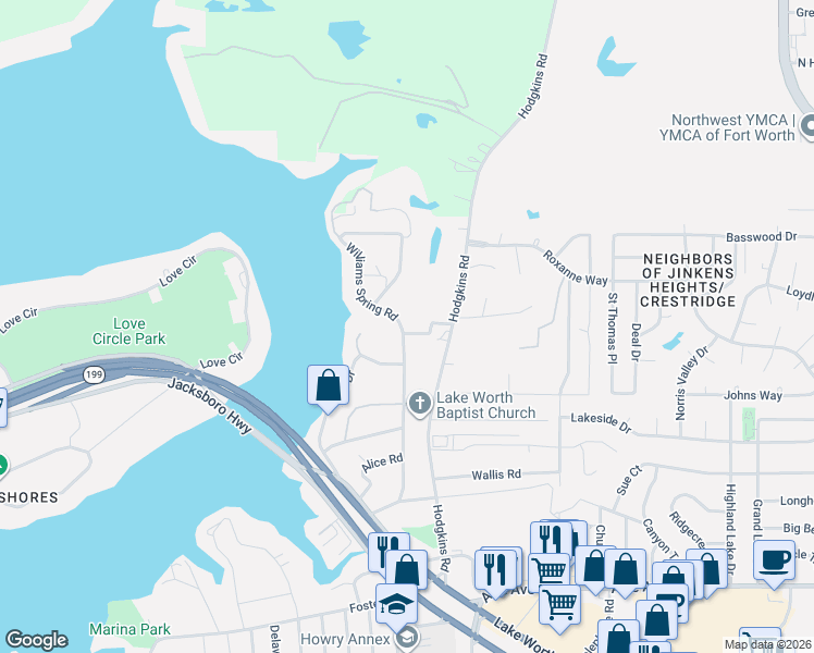 map of restaurants, bars, coffee shops, grocery stores, and more near 4704 Williams Spring Road in Fort Worth
