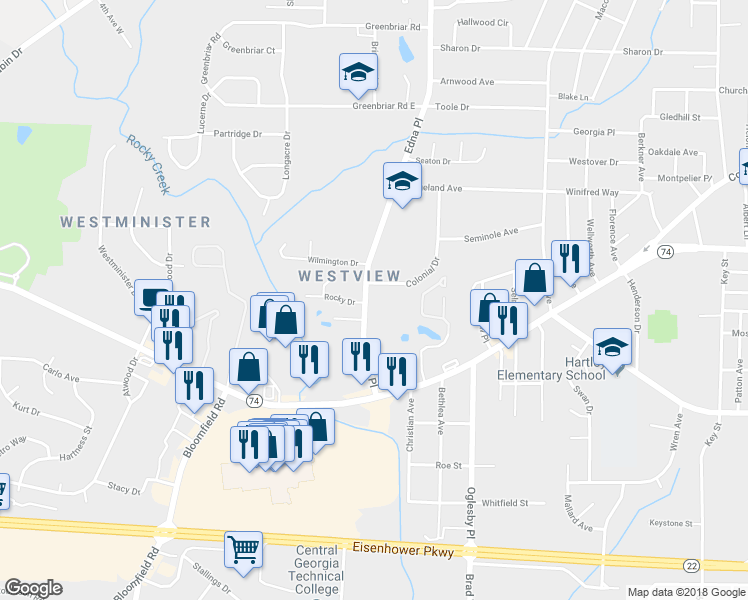 map of restaurants, bars, coffee shops, grocery stores, and more near 1610 Edna Place in Macon