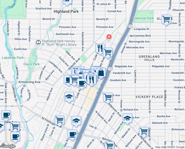 map of restaurants, bars, coffee shops, grocery stores, and more near 4650 Cole Avenue in Dallas