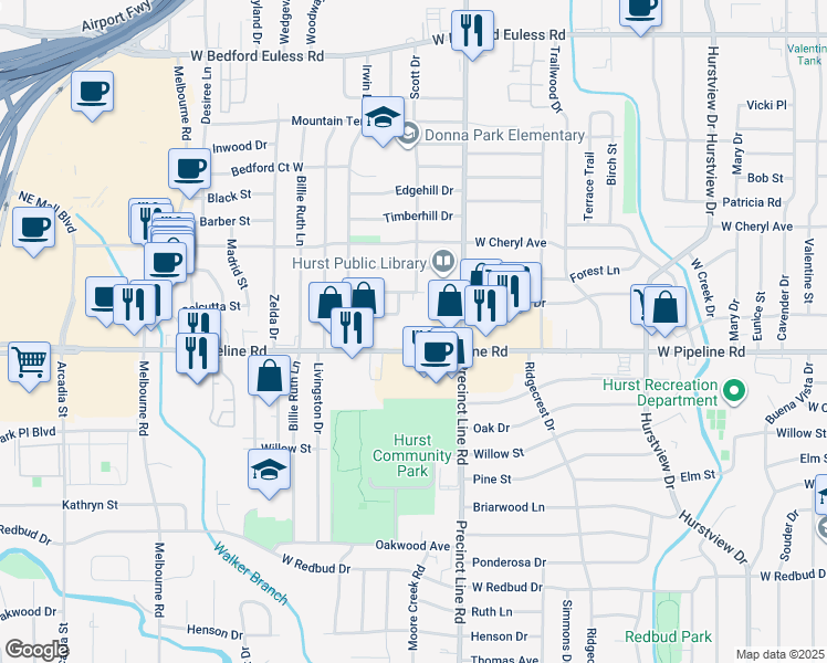 map of restaurants, bars, coffee shops, grocery stores, and more near 824 West Pipeline Road in Hurst