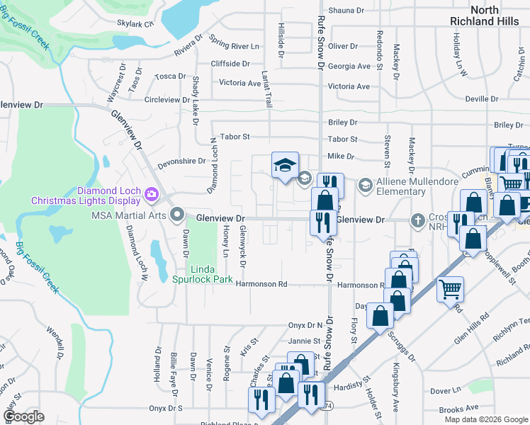 map of restaurants, bars, coffee shops, grocery stores, and more near 6525 Glenview Drive in North Richland Hills