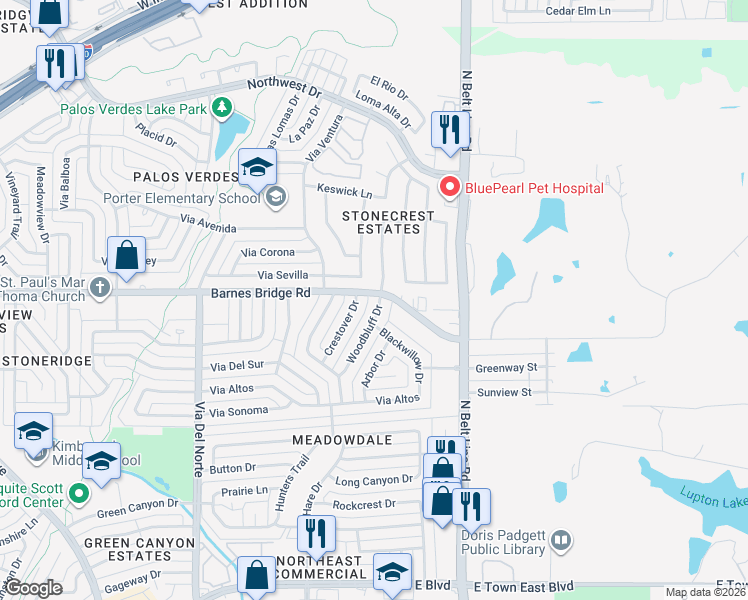 map of restaurants, bars, coffee shops, grocery stores, and more near 4332 Crestover Drive in Mesquite