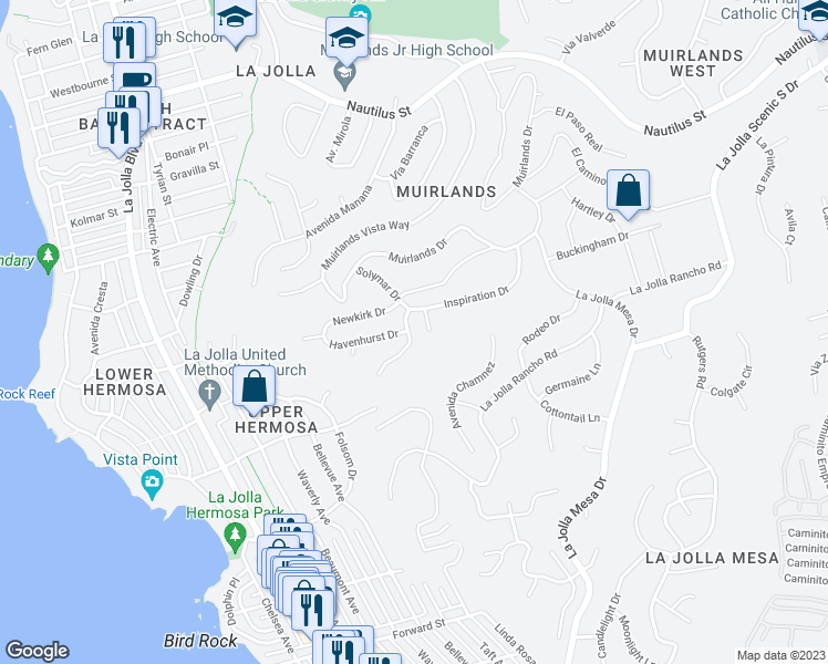 map of restaurants, bars, coffee shops, grocery stores, and more near 6161 Terryhill Drive in San Diego