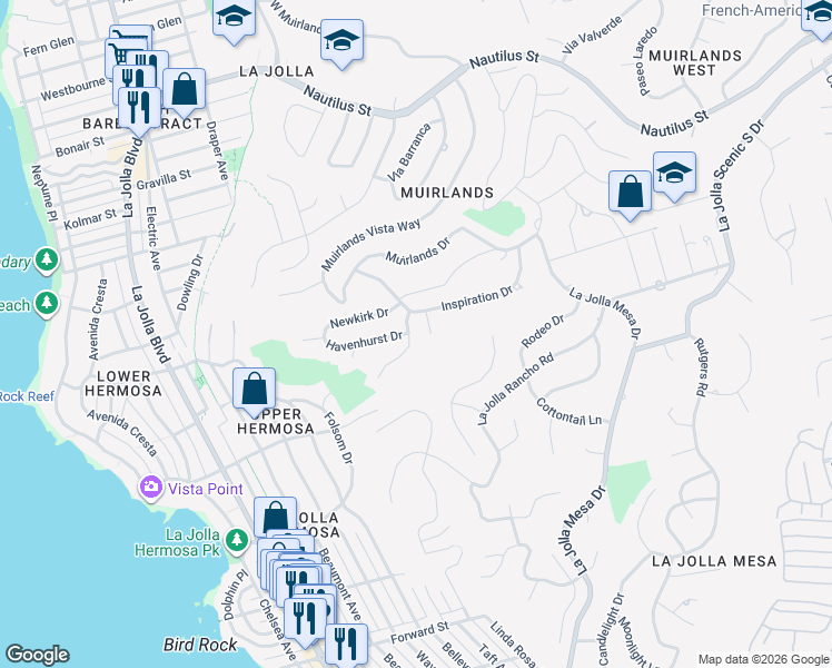 map of restaurants, bars, coffee shops, grocery stores, and more near 6161 Terryhill Drive in San Diego