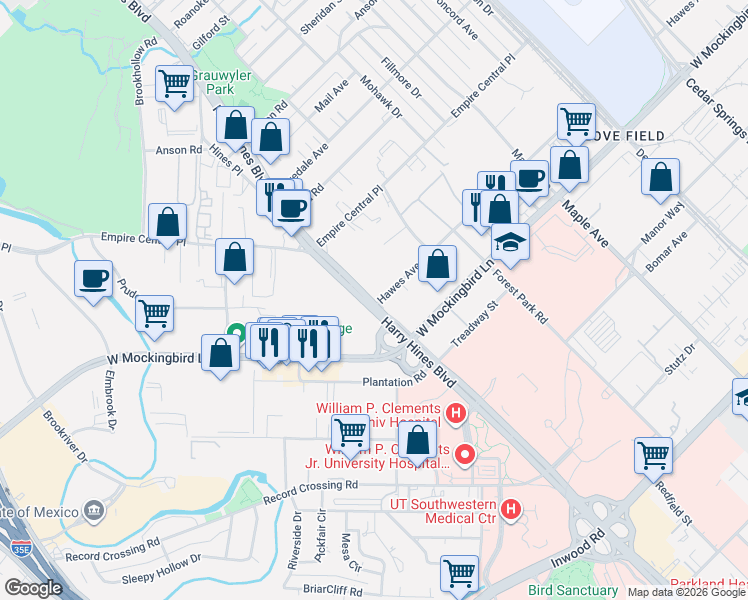 map of restaurants, bars, coffee shops, grocery stores, and more near 2199 Hawes Avenue in Dallas