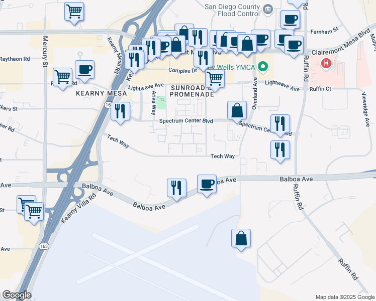 map of restaurants, bars, coffee shops, grocery stores, and more near 8865 Spectrum Center Boulevard in San Diego