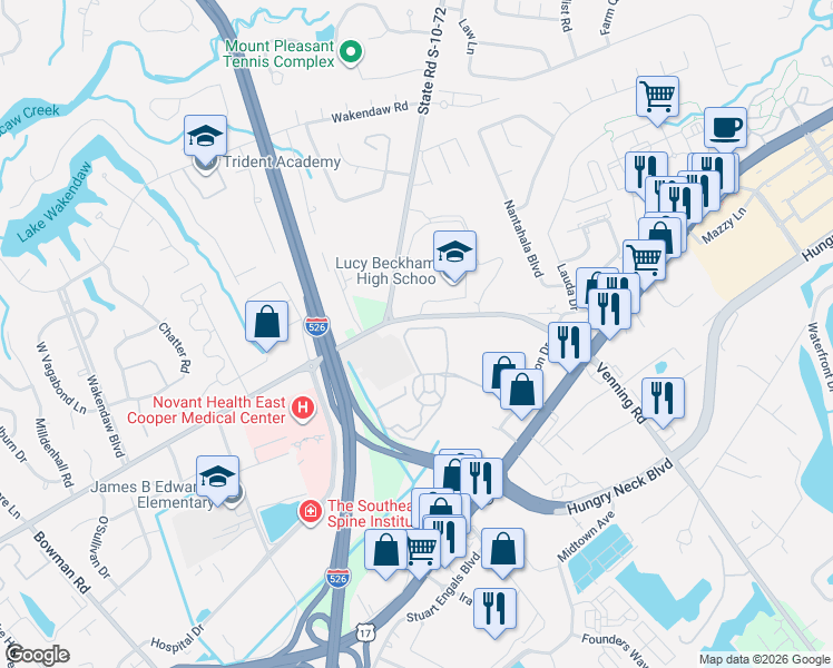 map of restaurants, bars, coffee shops, grocery stores, and more near 2233 Chatelain Way in Mount Pleasant