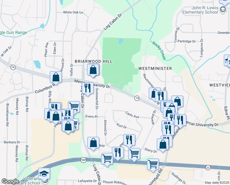 map of restaurants, bars, coffee shops, grocery stores, and more near 3996 Mercer University Drive in Macon