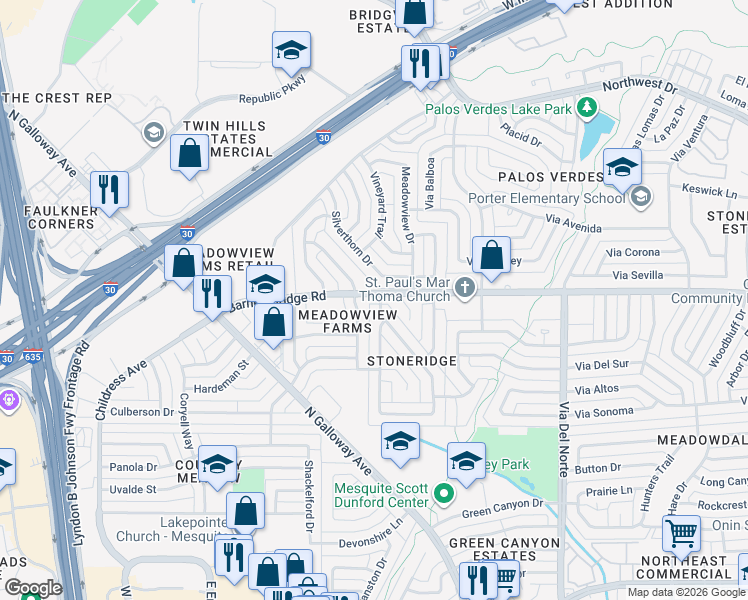 map of restaurants, bars, coffee shops, grocery stores, and more near 4317 Wayfaring Street in Mesquite