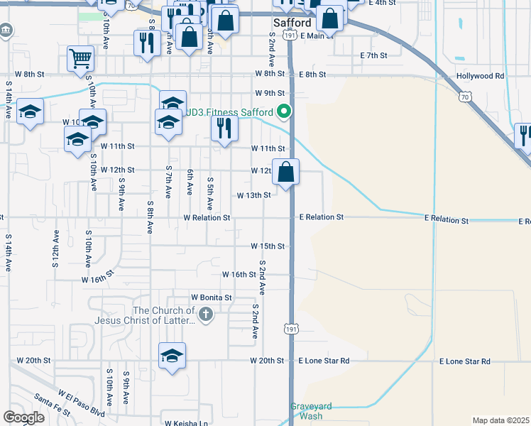 map of restaurants, bars, coffee shops, grocery stores, and more near 114 West Relation Street in Safford