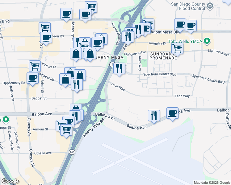 map of restaurants, bars, coffee shops, grocery stores, and more near 8326 Century Park Court in San Diego