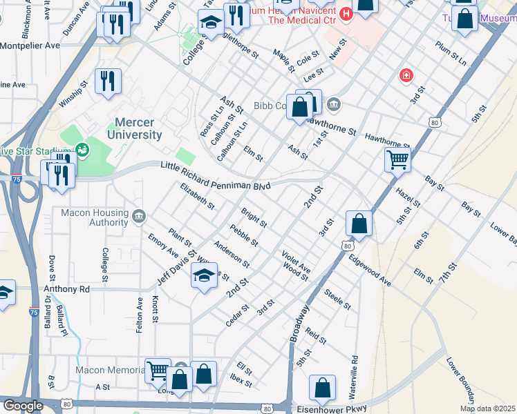 map of restaurants, bars, coffee shops, grocery stores, and more near 1541 1st Street in Macon