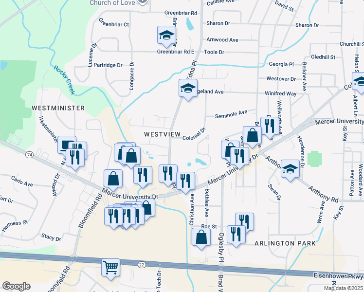 map of restaurants, bars, coffee shops, grocery stores, and more near 1566 Colonial Drive in Macon