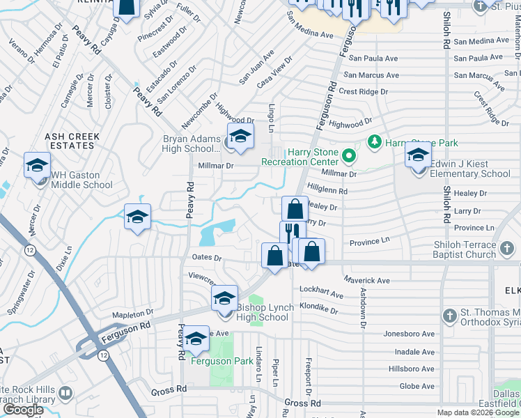 map of restaurants, bars, coffee shops, grocery stores, and more near 2120 Healey Drive in Dallas