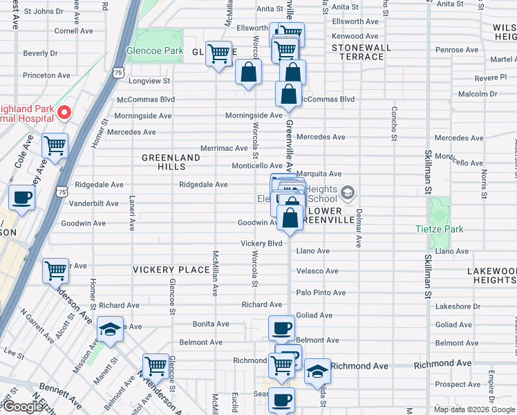 map of restaurants, bars, coffee shops, grocery stores, and more near 5554 Vanderbilt Avenue in Dallas