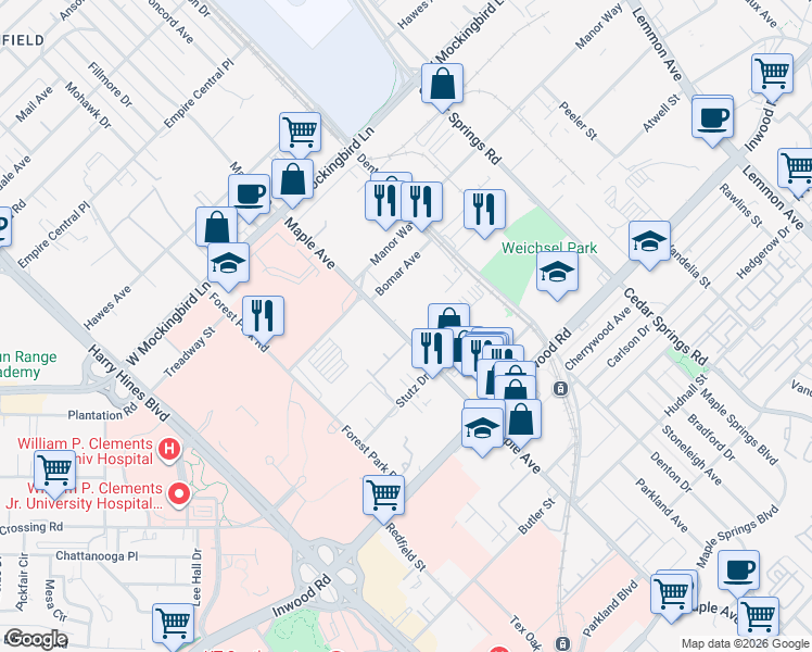map of restaurants, bars, coffee shops, grocery stores, and more near 6162 Maple Avenue in Dallas