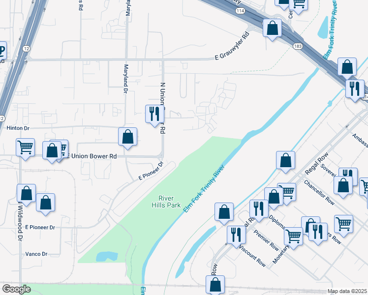 map of restaurants, bars, coffee shops, grocery stores, and more near 1100 North Union Bower Road in Irving