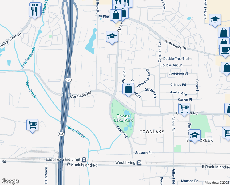 map of restaurants, bars, coffee shops, grocery stores, and more near 1101 Esters Road in Irving
