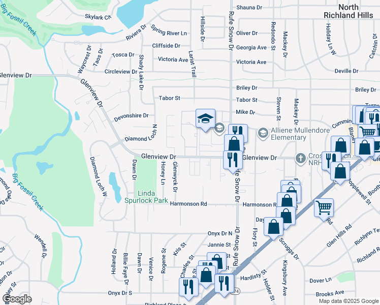 map of restaurants, bars, coffee shops, grocery stores, and more near 6525 Glenview Drive in North Richland Hills