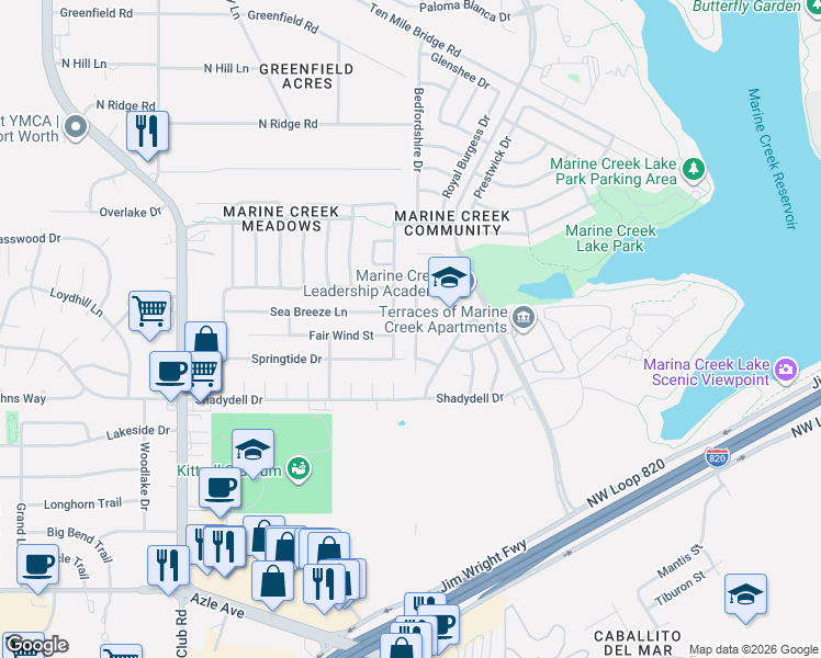 map of restaurants, bars, coffee shops, grocery stores, and more near 4724 Spoon Drift Drive in Fort Worth