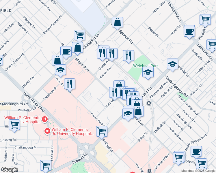 map of restaurants, bars, coffee shops, grocery stores, and more near 6008 Maple Avenue in Dallas