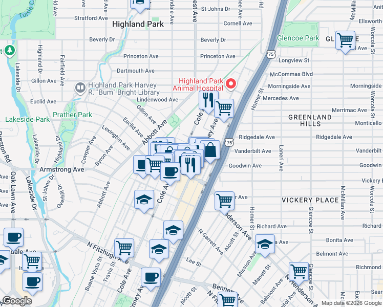 map of restaurants, bars, coffee shops, grocery stores, and more near 4650 Cole Avenue in Dallas