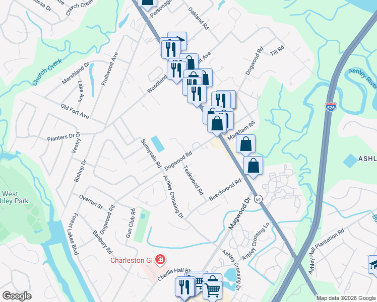 map of restaurants, bars, coffee shops, grocery stores, and more near 1902 Chestnut Oak Lane in Charleston