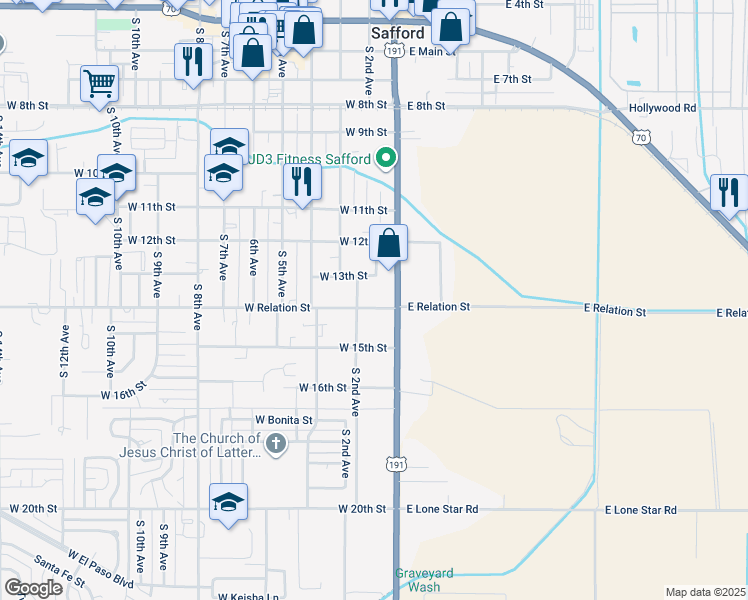 map of restaurants, bars, coffee shops, grocery stores, and more near 114 West Relation Street in Safford