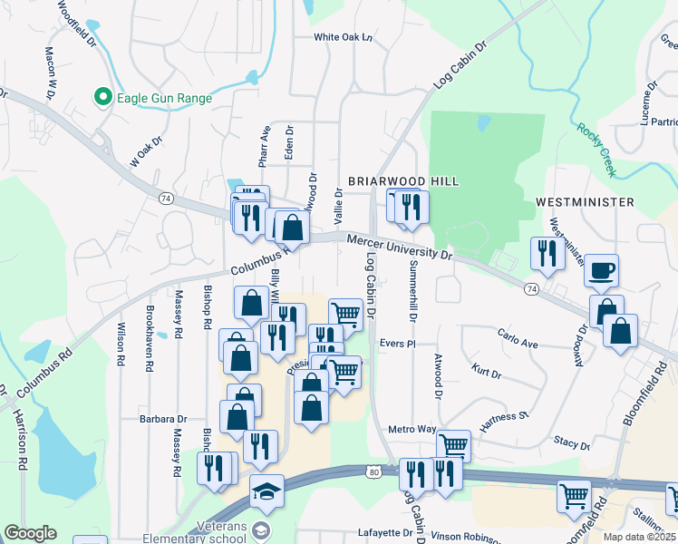 map of restaurants, bars, coffee shops, grocery stores, and more near 4335 Vallie Court in Macon